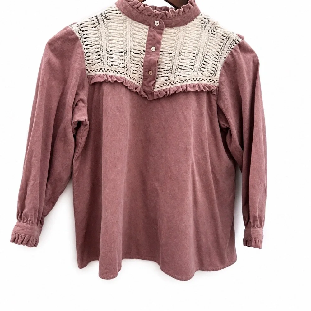 Zara Boho Dusty Pink 3/4 sleeve Corduroy‎ crochet  Ruffles Cotton Top X Small - Picture 2 of 8